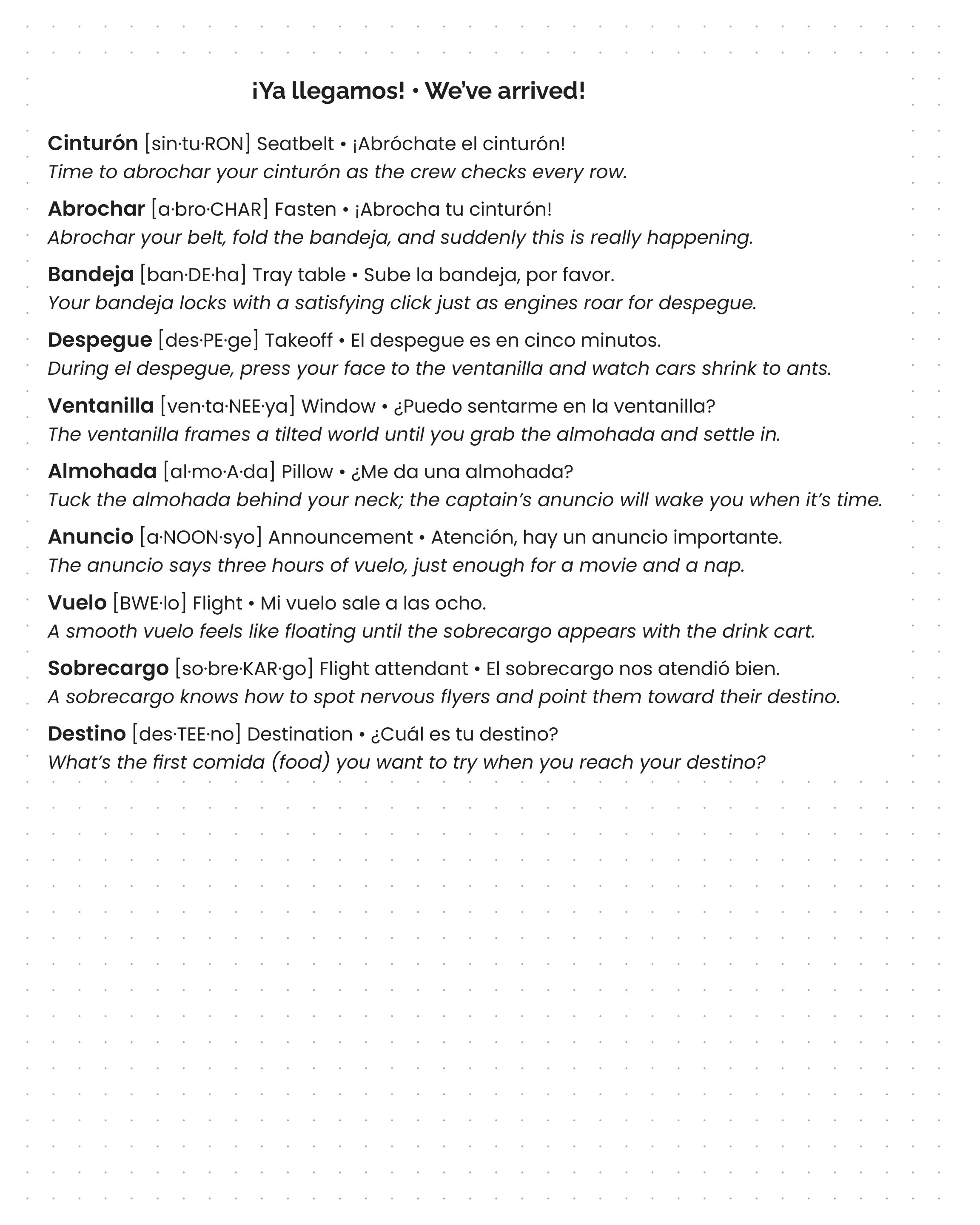 Left page: the Español Viajar word list, each word with a pronunciation and a plain-English meaning.