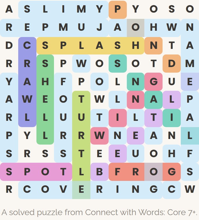 A solved Connect with Words puzzle, each answer in its own color